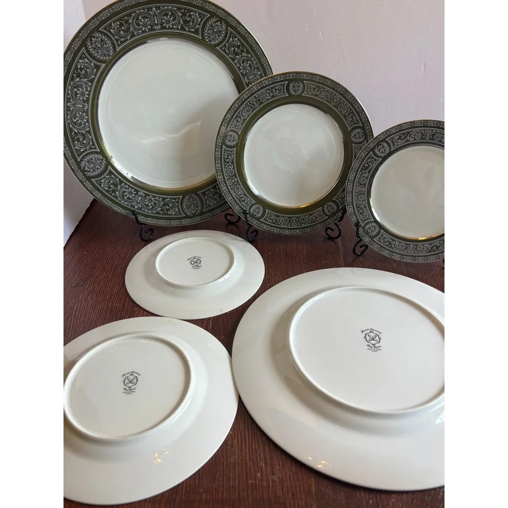 Sango Forest Damask 3544 Fine China Plate Set Olive Green Gold Trim Japan 6pc